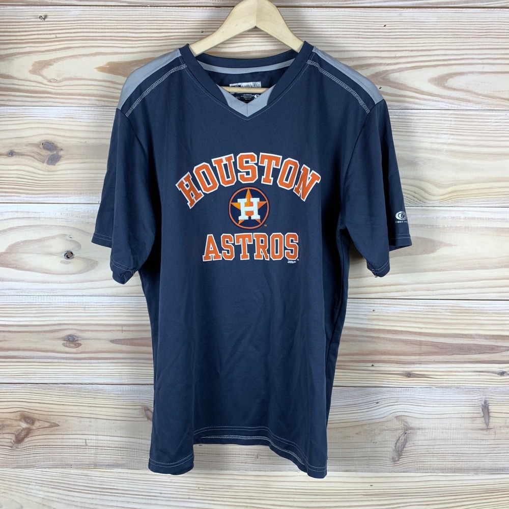 Houston Astros Shirt Mens XL Navy Blue V-Neck Mesh MLB Jersey Style Tee True Fan